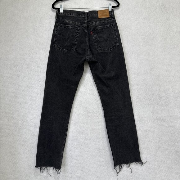 Levis Wedgie Straight Jeans Womens 26 Black High Rise Button Fly Raw Hem Frayed - Picture 7 of 13